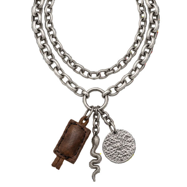 Hipchik Antique Silver Rounded Rectangular Rolo Multi-Charm Necklace