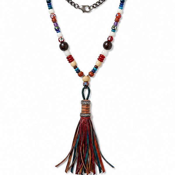 Hipchik Multicolor African Beads Leather Tassel Necklace