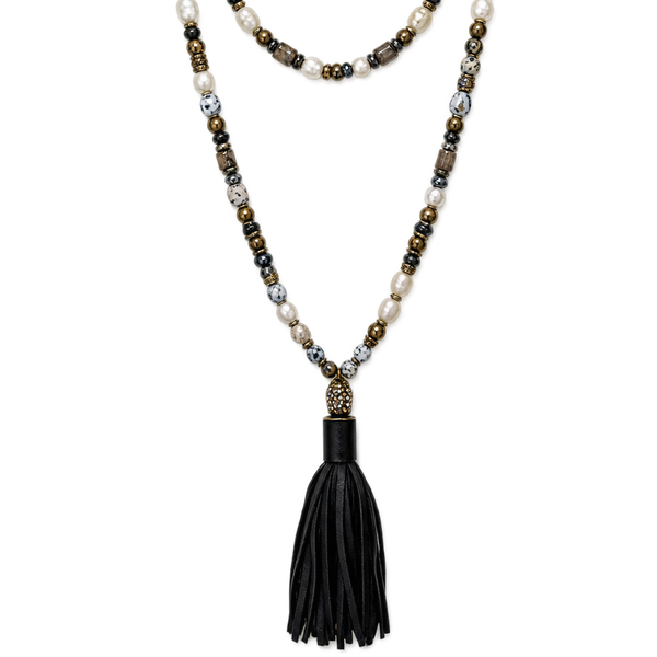 Hipchik Pearls and Beads Leather Tassel Necklace