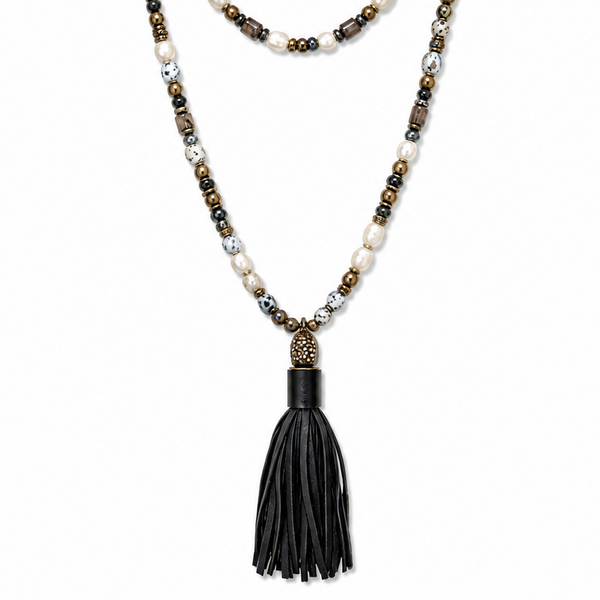 Hipchik Pearls and Beads Leather Tassel Necklace