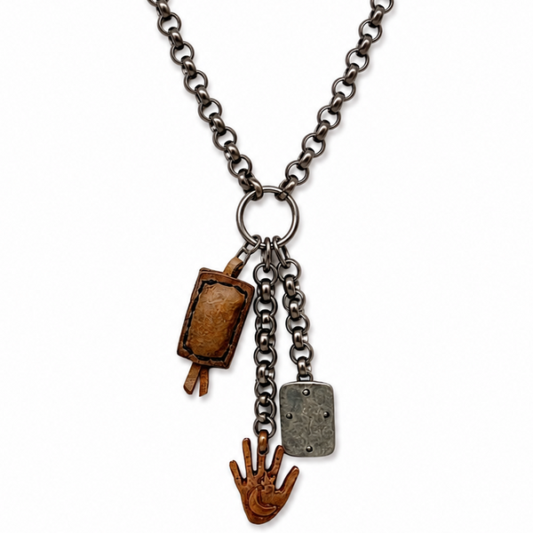 Hipchik Gun Metal Rounded Rectangular Rolo Multi-Charm Necklace