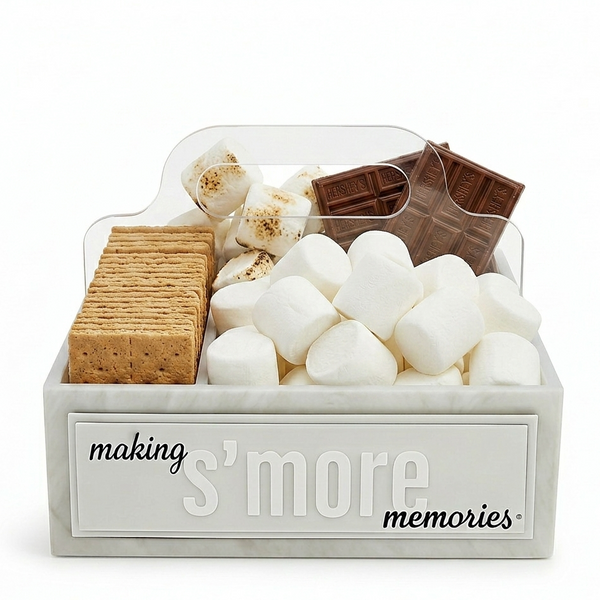 S'mores kit with graham crackers, marshmallows, and chocolate bars in a clear container with 'making s'more memories' text.