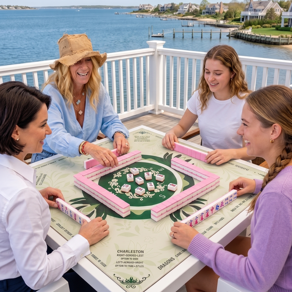 Four people sitting around a white outdoor table on a wooden deck, playing a game of mahjong with a green felt playing surface and pink frame accents. The setting is a sunny coastal patio with a white railing, ocean water, and houses in the background.
