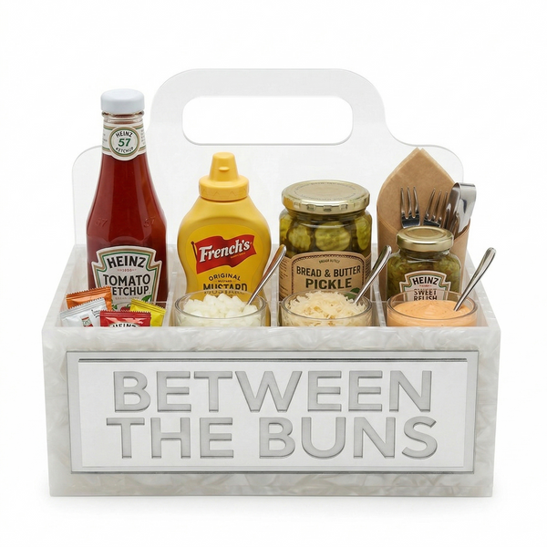 Condiment set in a clear carrying case with 'Between the Buns' text on a white background