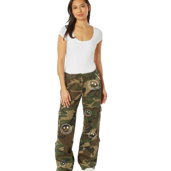 Army Hand Embroidery White Smile Pants