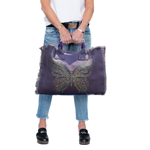 Multi Butterfly Canvas Fringe Bag