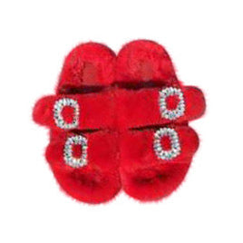 Mink Slide Sandals Shoes with Crystal Buckle Red