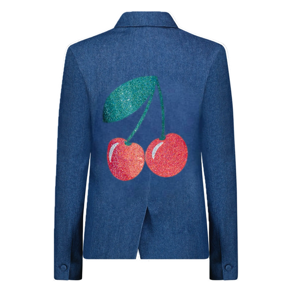 Blue blazer with red cherries and a green leaf on a white background