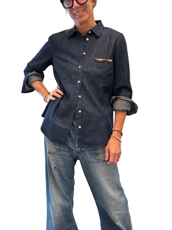 Hand Embroidered Chambray Boyfriend Shirt Sample Sale