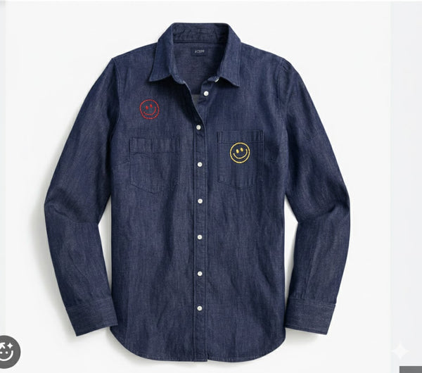 Hand-Embroidered Happy Face Oversized Shirt