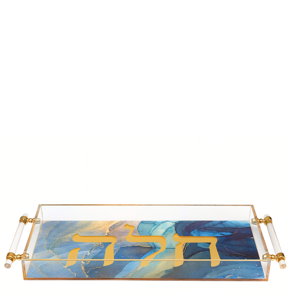 Challah Acrylic Gold Blue Marble Tray with Handles
