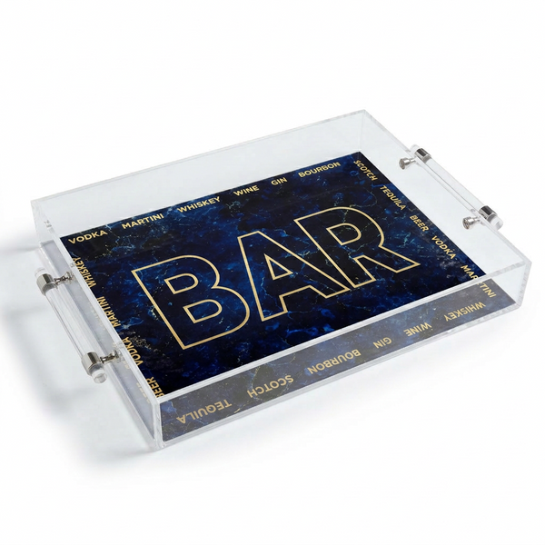 BAR lettering on an acrylic serving tray