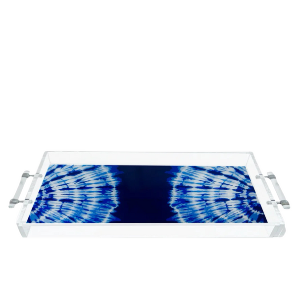 Top view of a blue and white tie-dye acrylic tray with separate handles.