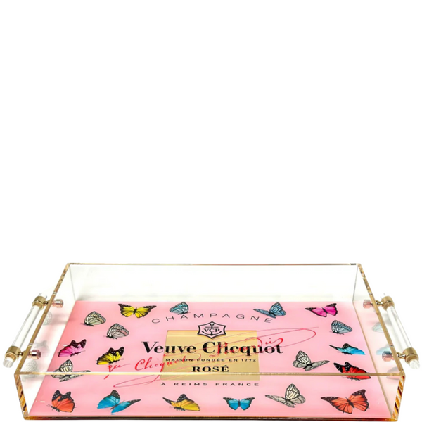 Top view of a pink champagne-label acrylic tray with colorful butterflies and gold-tone handles.
