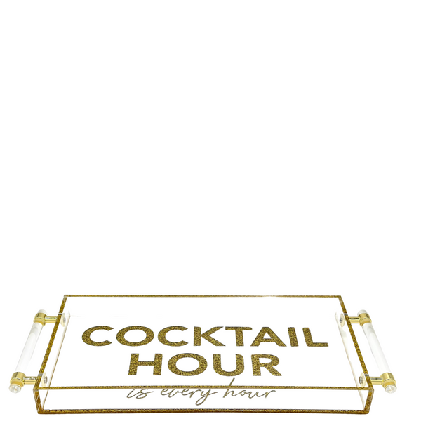 Top view of a clear acrylic tray with gold-tone handles and Cocktail Hour lettering.