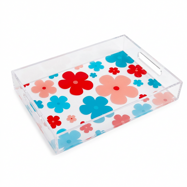 Clear acrylic tray with red, pink and blue flower motifs on a white background.