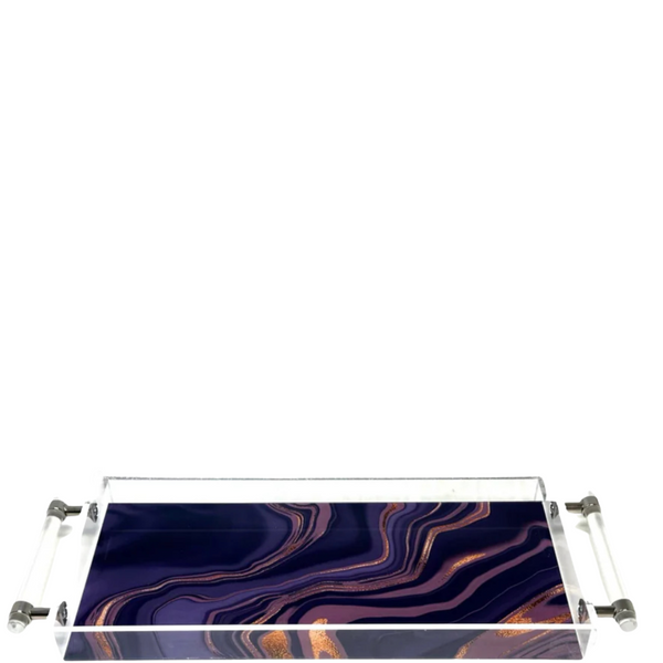Top view of an acrylic tray with purple and gold swirling stone-pattern printing and separate handles.