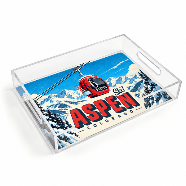 Acrylic tray with built-in handles and a vintage Aspen ski-stamp design featuring snowy mountains and a gondola.