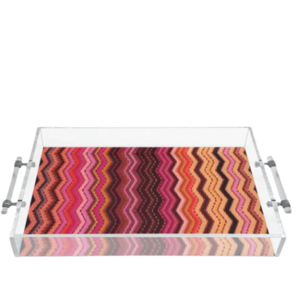 Top view of an acrylic tray with multicolored zigzag printing and separate handles.