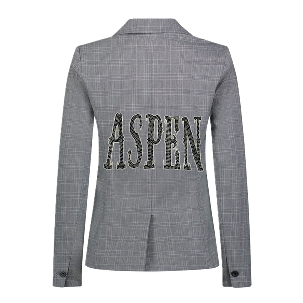 Back view of a gray plaid blazer with large ASPEN lettering.