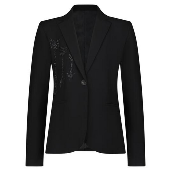 Front view of a black blazer with three dark rhinestone arrows, a single button and two pockets.