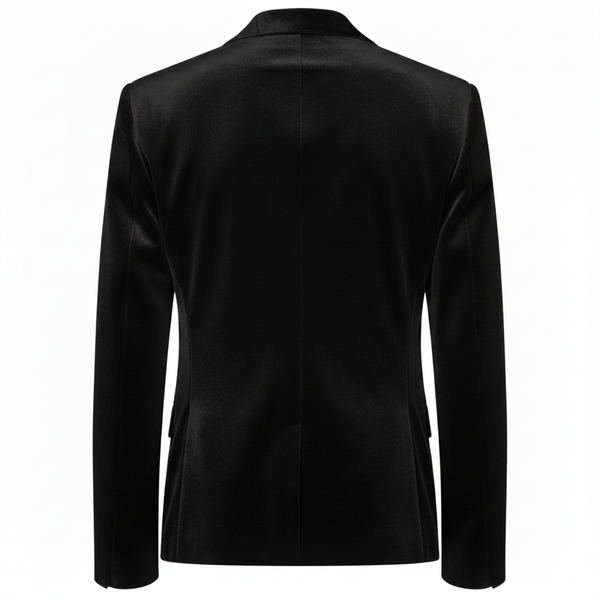 Back view of a plain black velvet blazer on a white background.