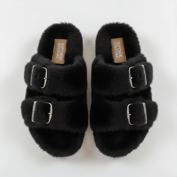 Faux Luxe Fur Sandals Black Sample Sale