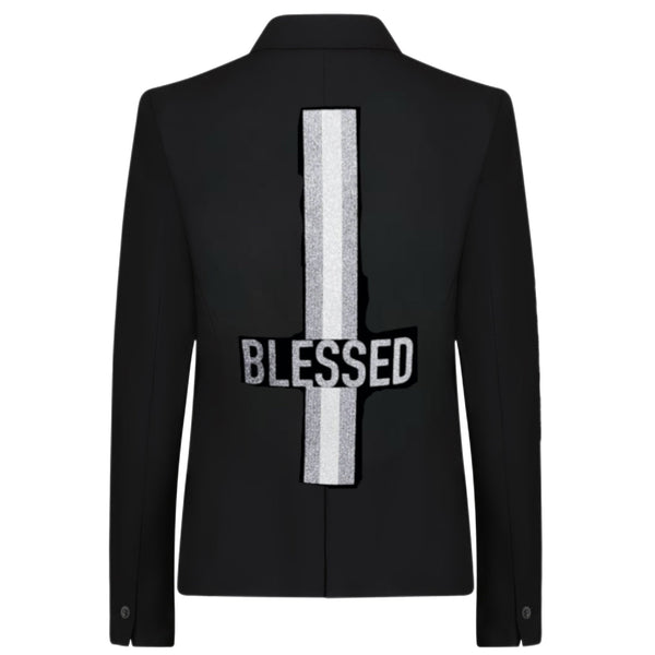 Back view of a black blazer with silver BLESSED lettering over a vertical rhinestone stripe.