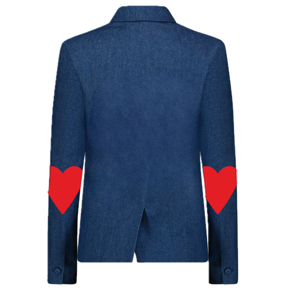 Back view of a blue denim blazer with red hearts on both elbows.