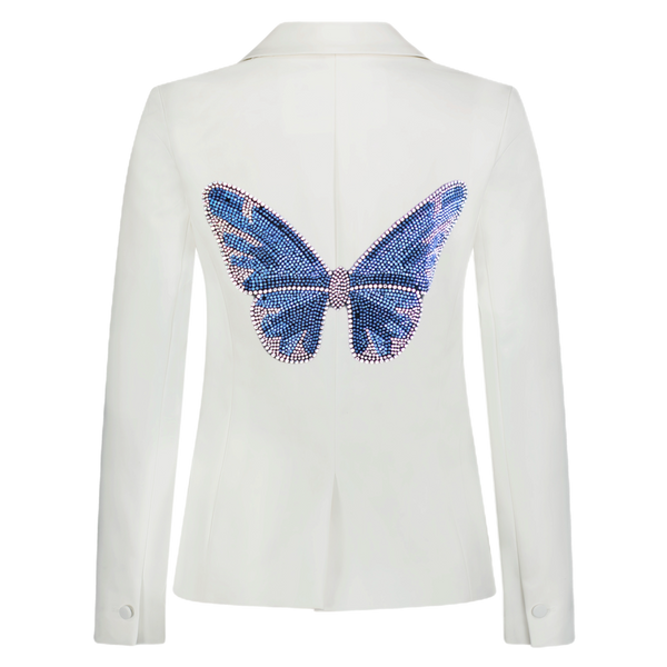 Back view of a white denim blazer with a large blue rhinestone butterfly.