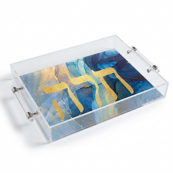 Challah Acrylic Gold Blue Marble Tray with Metal Handles
