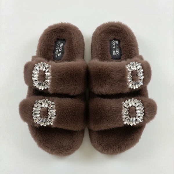Mink Slide Sandals Shoes with Crystal Buckle Chocolate Sample Sale
