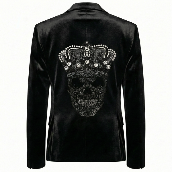 Back view of a black velvet blazer with a dark rhinestone skull wearing a silver crystal crown.