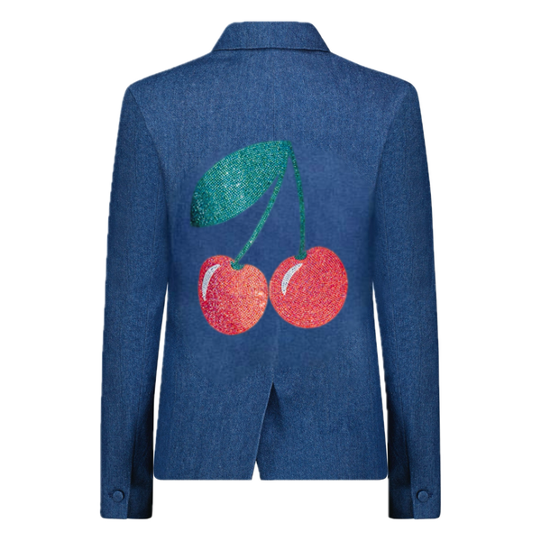 Back view of a blue denim blazer with red crystal cherries and a green leaf design.