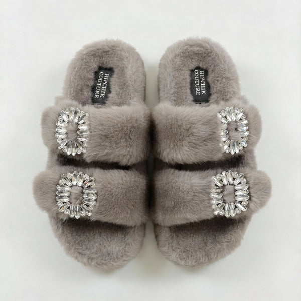 Mink Slide Sandals Shoes with Crystal Buckle Gray