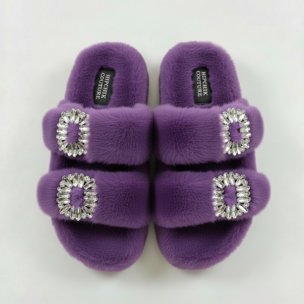 Mink Slide Sandals Shoes with Crystal Buckle Purple
