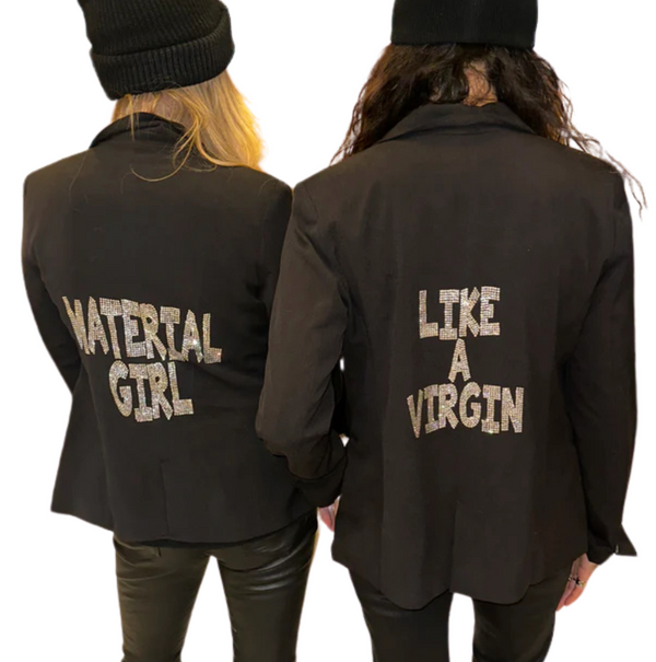 Back view of two people wearing custom black blazers with Material Girl and Like a Virgin lettering.