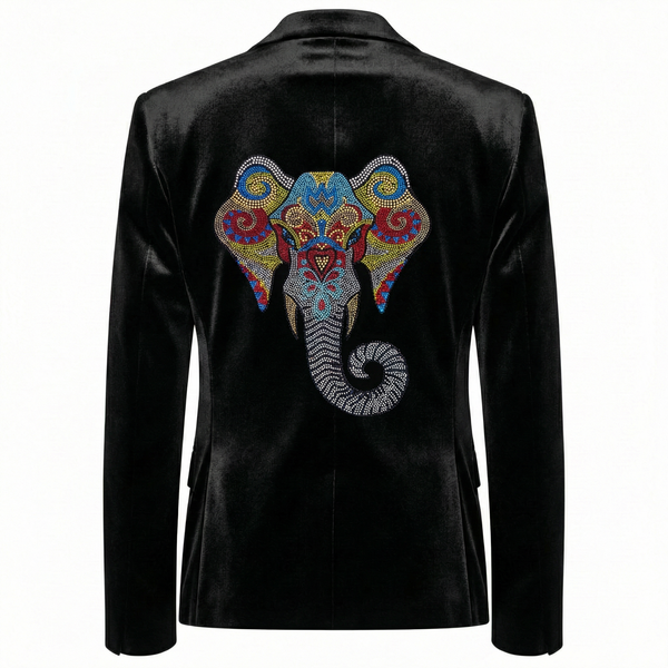 Back view of a black velvet blazer with a colorful rhinestone elephant design.