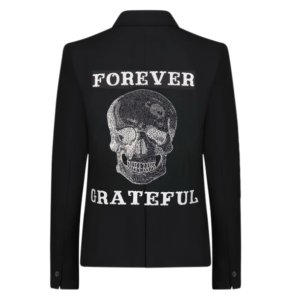 Back view of a black blazer with a silver skull between FOREVER and GRATEFUL lettering.