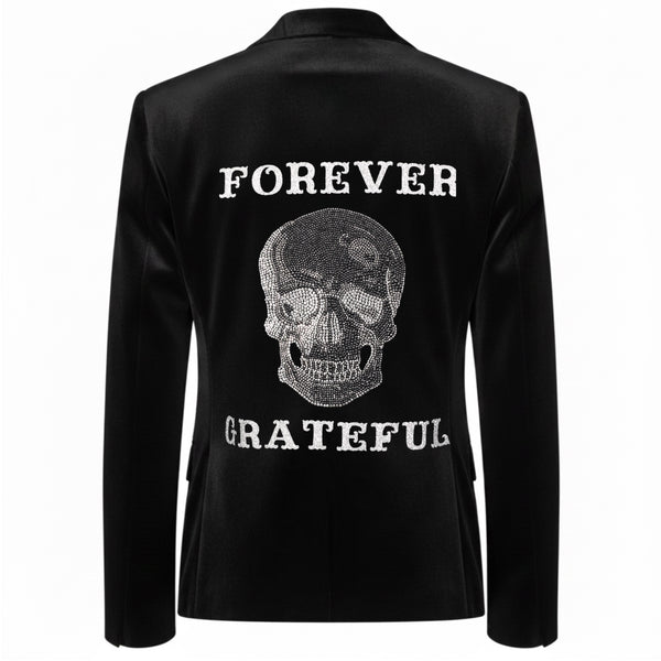 Back view of a black velvet blazer with a silver rhinestone skull and FOREVER GRATEFUL lettering.
