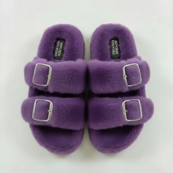 Faux Luxe Fur Sandals Purple Sample Sale