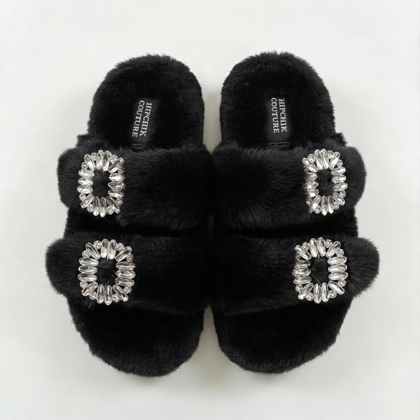 Mink Slide Sandals Shoes with Crystal Buckle Black