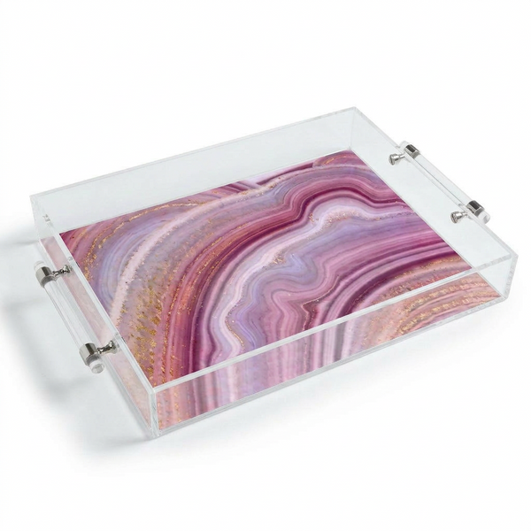 Acrylic Tray with Metal Handles - Pink Marble