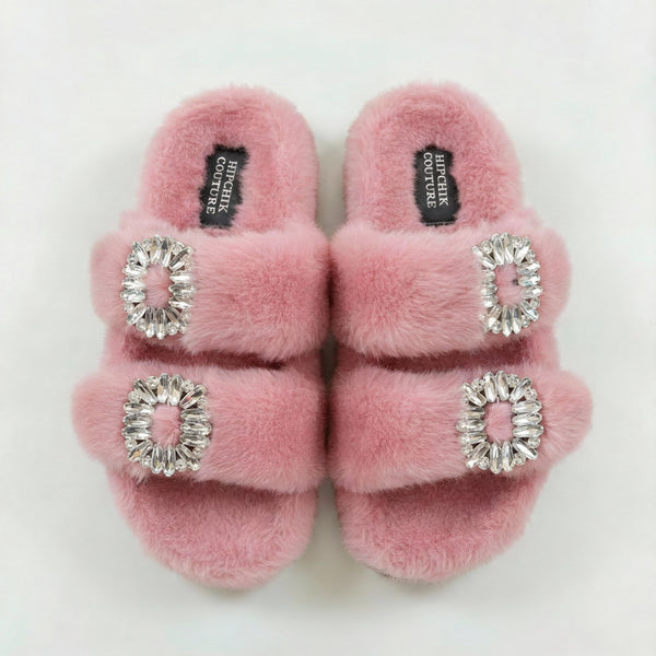 Mink Slide Sandals Shoes with Crystal Buckle Pink