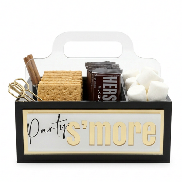 Graham crackers, chocolate bars, and marshmallows in a 'Party S'more' kit on a white background