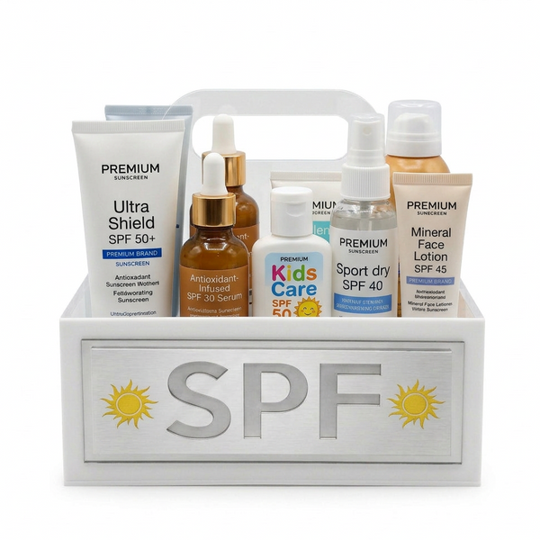 Collection of sunscreen products in a display box with 'SPF' branding.