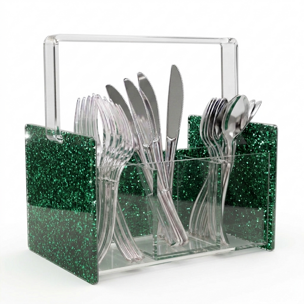 Acrylic Glitter Silverware Caddy – Green