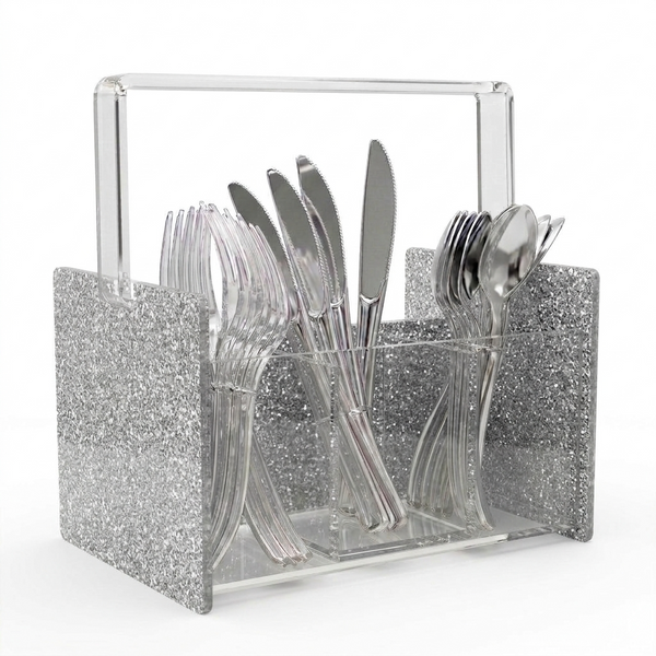 Acrylic Glitter Silverware Caddy – Silver