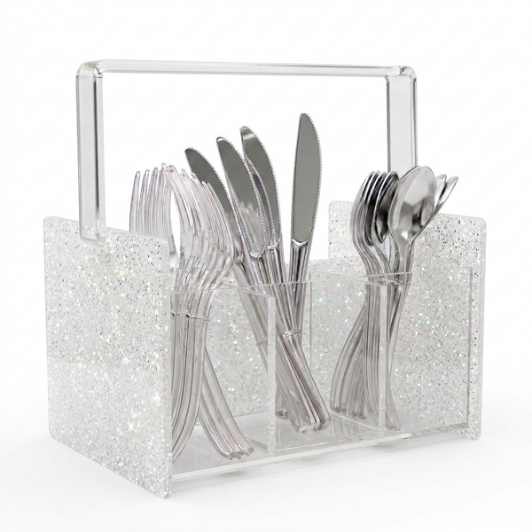 Acrylic Glitter Silverware Caddy – White