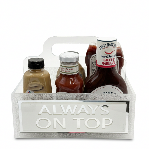 Set of barbecue sauces in a carrying case with 'Always On Top' text on a white background